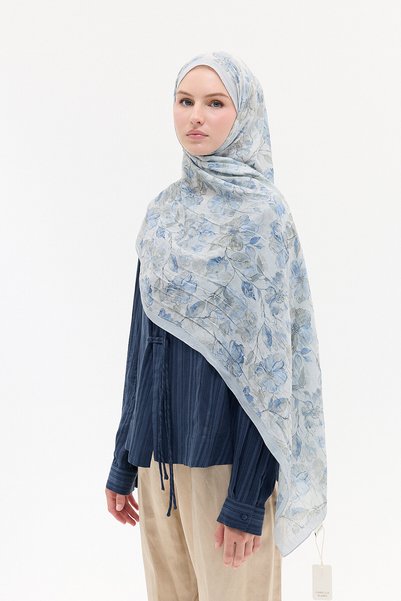 cs camellia scarf Șal cu model acuarelă - Gri Albastru