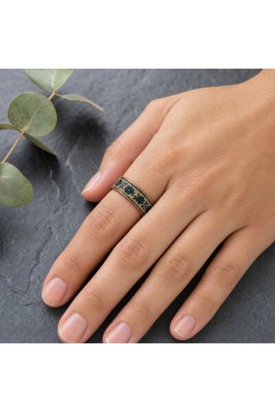 Erol Bakır Green Orange Zigzag Thin Copper Ring, Hand-Embroidered Adjustable Model