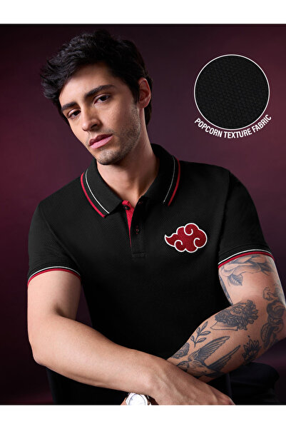 The Souled Store By Styli Men Black Cotton Akatsuki Cloud Embroidered Polo T-...