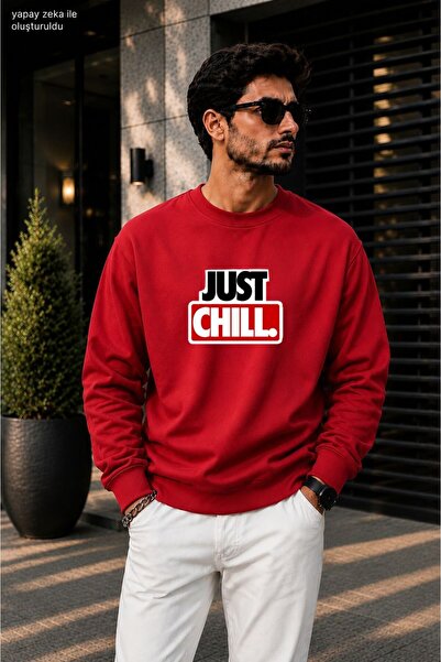 caddekombin Men's Just Chill Slogan Printed Cycling Round Neck Casual Sweatshirt