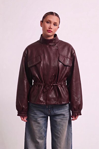 Jaglion Zr Staple Detailed Gathered Waist Oversize Women's Leather Jacket