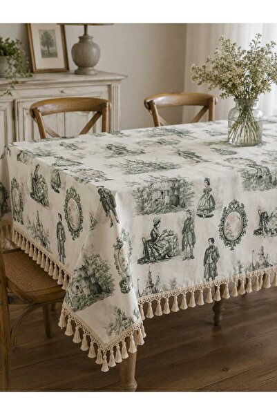 Luxoras Home Yeşil Fransız Şato Desenli Duck Kumaş Püsküllü Masa Örtüsü