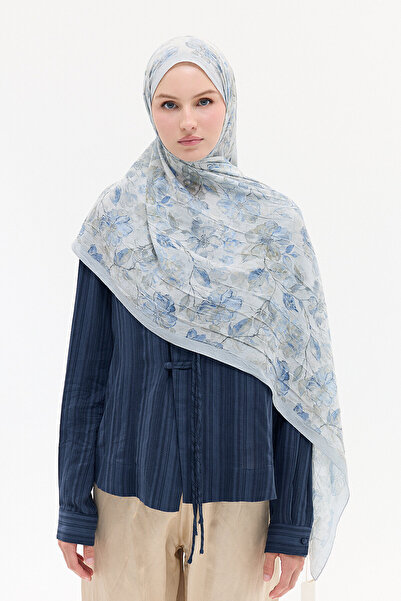 cs camellia scarf Suluboya Desen Kraş Şal - Gri Mavi