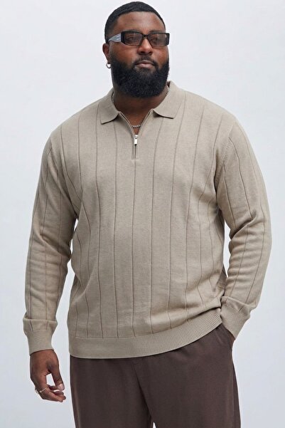 Maccali Men's Zippered Striped Cream Plus Size Sweatshirt