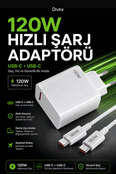 Divex 120W USB-C Hızlı Şarj Seti – 180W Type-C to Type-C Kablolu, PD 3.0 Dest...