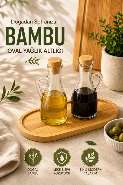 House Bird Bambu Oval Yağlık Altlığı 2 Bölmeli Doğal Ahşap Yağdanlık Sirkelik...