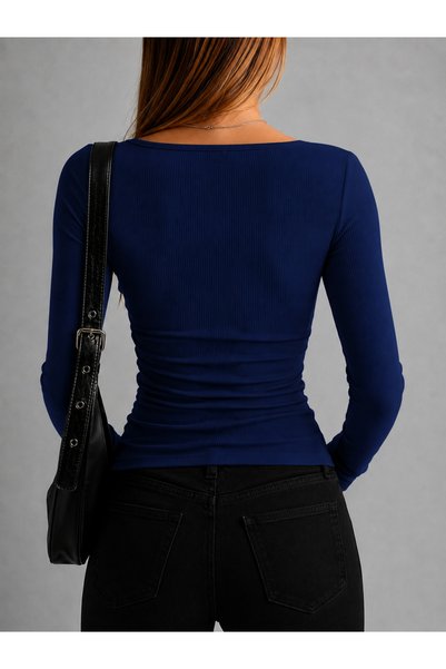 RİEMA Women's Slim Fit Square Neck Long Sleeve Ribbed Blouse