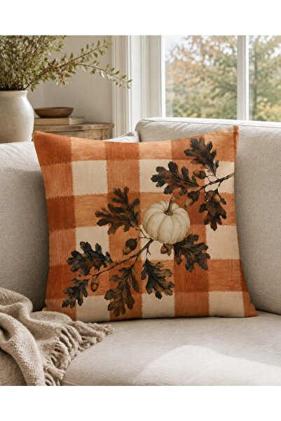decoarstr Turuncu Ekose Balkabağı Buket 43x43 cm Çift Taraf Baskılı Raşel Kır...