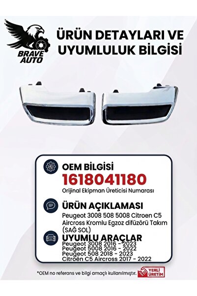 Peugeot 3008 508 5008 Citroen C5 Aircross Kromlu Difüzör Takımı (SAĞ SOL) 1618041180