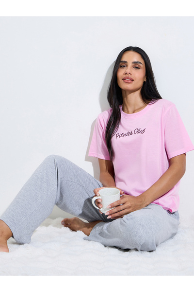 Styli Pink Graphic Print T-Shirt and Grey Solid Straight Leg Pants Pyjama Set