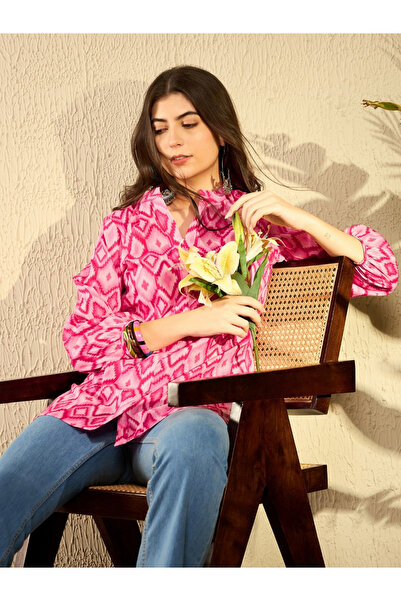 AHIKA By Styli بلوزة تونيك وردية بطبعة إيكات وياقة ماندارين بقصة عادية