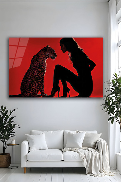 Parıltı Yayınları Kırmızı Zeminli Şık Kadın Leopar Figürlü Dekoratif Modern Y...