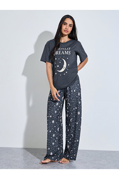 Styli Charcoal Moon and Star Print T-Shirt and Wide Leg Pants Pyjama Set