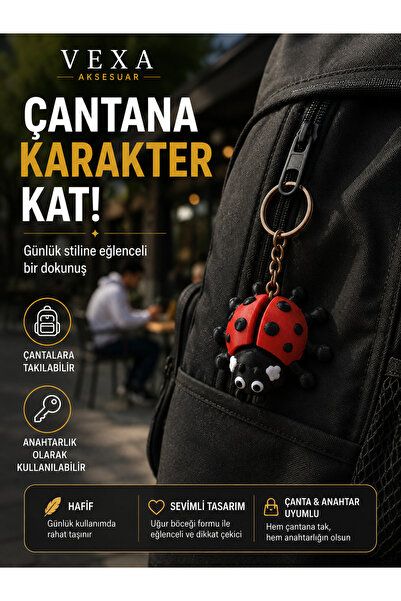 Vexa Aksesuar Kutulu Uğur Böceği Anahtarlık 3D Baskı Sevimli Figürlü Çanta Sü...