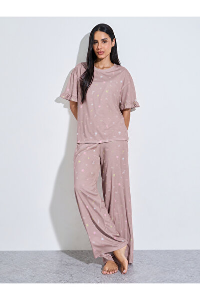 Styli Pink All Over Print Ruffle Short Sleeves T-Shirt and Wide Leg Pants Pyj...