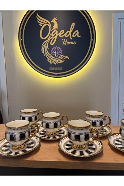 Ogeda Home Siyah Beyaz Dama Desenli 6 Kişilik Porselen Türk Kahvesi Fincan Ta...