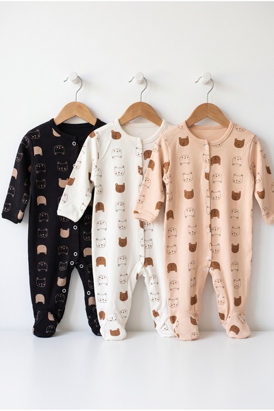 hobbe baby Ayıcık Desenli Bebek Tulumu 3-6-9 Ay % 100 Pamuk 3 Adet Farklı Tulum