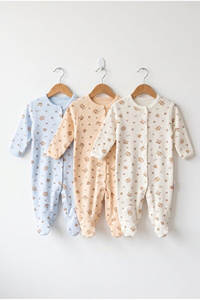 hobbe baby Ayıcık Desenli Bebek Tulumu 3-6-9 Ay % 100 Pamuk 3 Adet Farklı Tulum