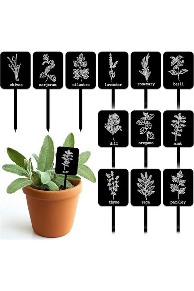 GENERAL Acrylic Plant Label Signs, 24 Pcs Garden Herb Markers Black with 12 S...