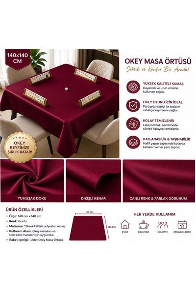 Sera Oyun Aletleri Red Color Okey Tablecloth 140X140 cm |   Square Okey Table...