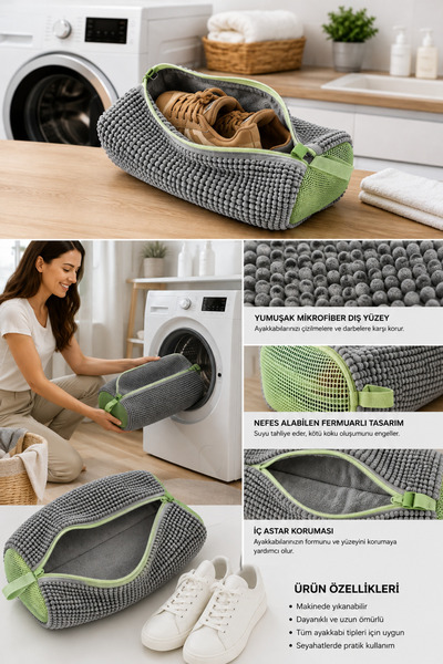 Single Ayakkabı Yıkama Çantası Özel Makarna Kumaş Fermuarlı Büyük Boy Mikrofiber