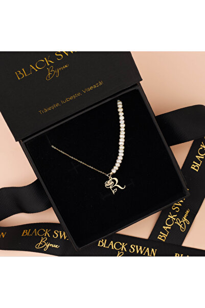 BLACK SWAN Bijoux Colier jumatate perle jumatate lant aur si pandantiv Initia...