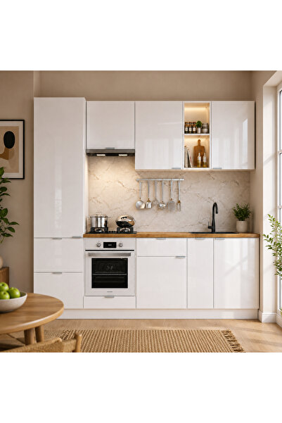 DEKOREX Elsa Serisi 270 Cm Beyaz Aspiratör Ve Fırın Modüllü, Kiler Dolaplı, M...