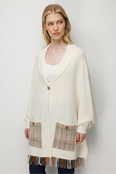 Desen Triko Women's Shawl Collar Pocketed Wool Poncho with Tassels at the Hem