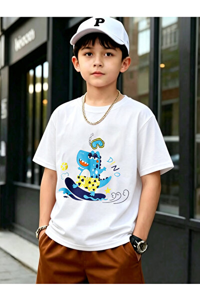 Take Two By Styli Boys White Cotton Short Sleeve T-Shirt with Fun Dinosaur Print