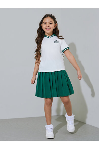 Styli Girls White KSA National Day Polo T-Shirt and Dark Green Pleated Skirt Set