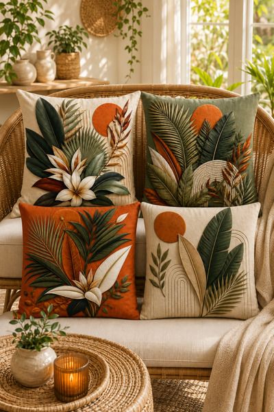 ayshome textile 3 BOYUTLU DİJİTAL BASKI Yaprak Desenli 4'Lü Kırlent Kılıfı Seti