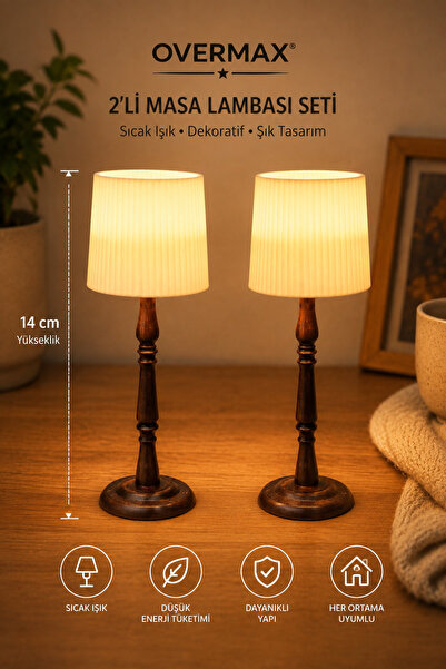 OVERMAX İkili Mini Masa Lambası 14 cm – LED Tealight Uyumlu Ahşap Görünümlü G...