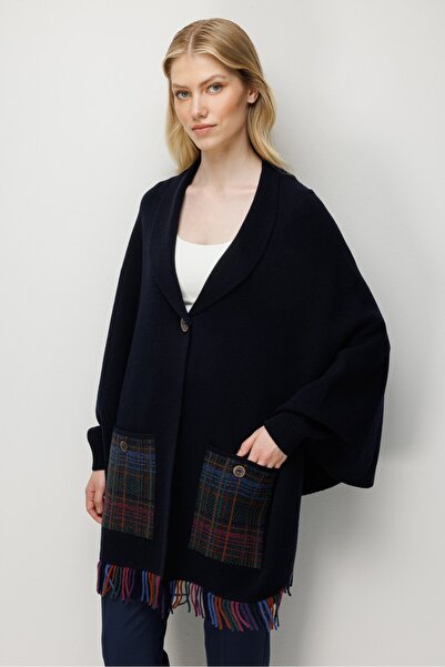 Desen Triko Women's Shawl Collar Pocketed Wool Poncho with Tassels at the Hem...