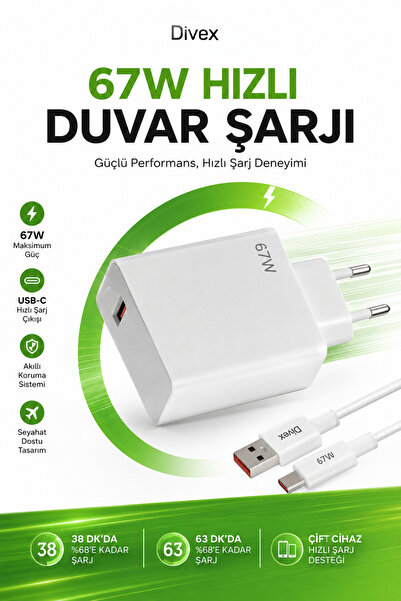 Divex 67W USB-C Hızlı Şarj Seti – Type-C Kablolu Yüksek Güçlü Şarj Seti