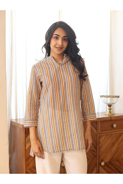 Sanskrutihomes By Styli Multi-Color Striped 3/4 Sleeve Tunic Top with Mandari...