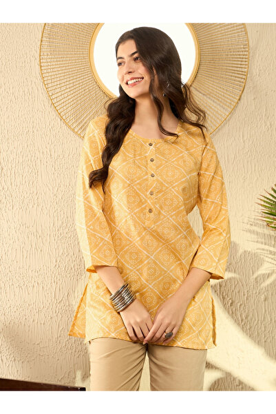 AHIKA By Styli تونيك قطني أصفر مطبوع بنمط باندهاني عادي
