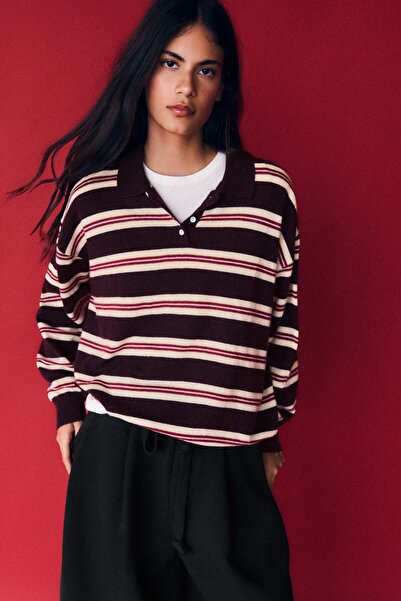 Bershka Polo yaka çizgili kazak