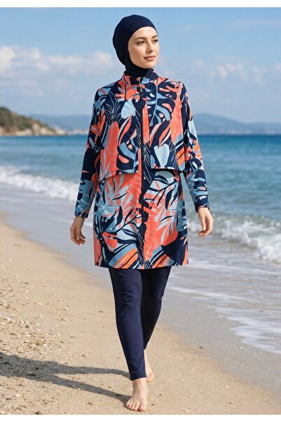 MASSMİZO Hijab Swimwear Navy Blue 3 Piece Top Bottom Cap Water Repellent Swim...