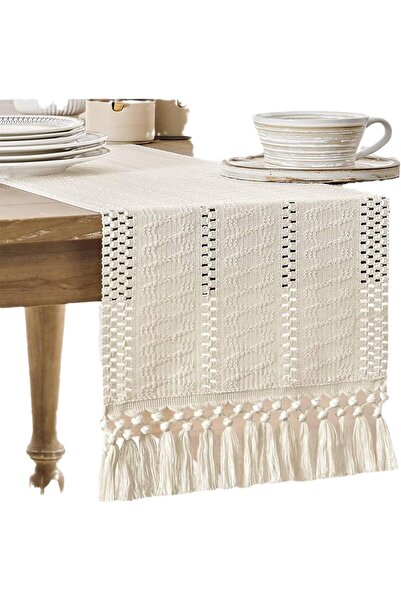 Arabest Beige Macrame Boho Table Runner with Tassels,72 Inch Ivory Farmhouse ...