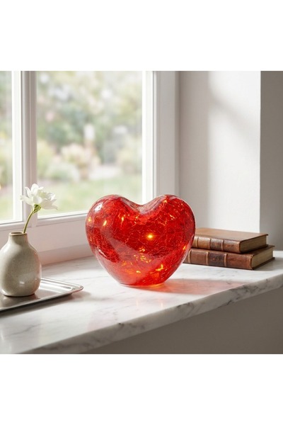 Ornament24 Decoratiune inima din sticla cu lumini LED, rosie, cadou pentru Va...