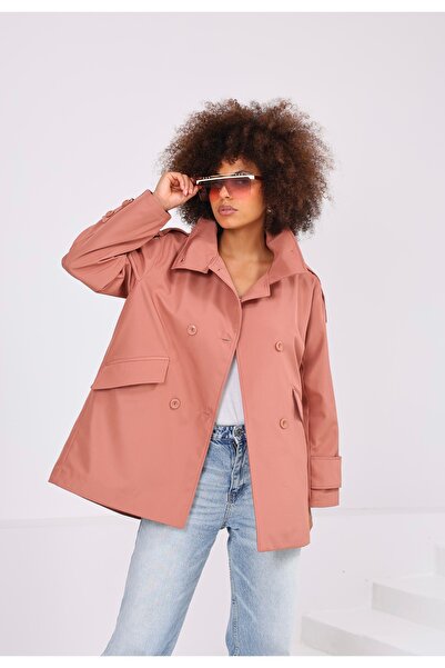 SahraAfra Women's Oversize Short Trench Coat Stand Collar Buttoned Pocket Tre...