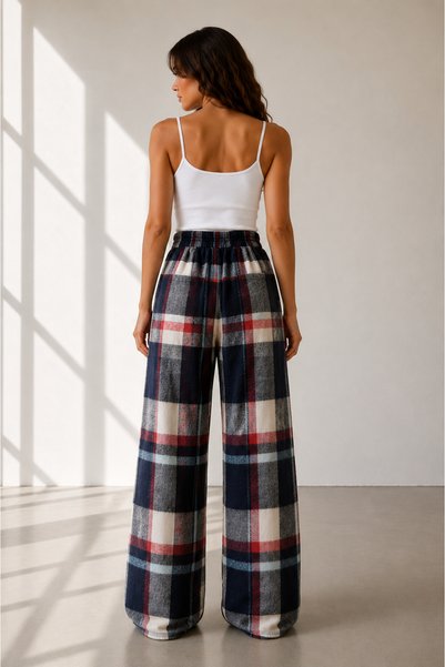 Generic Brand Ar66 Woodland Plaid Elastic Waist Relaxed Cut Women's Trousers