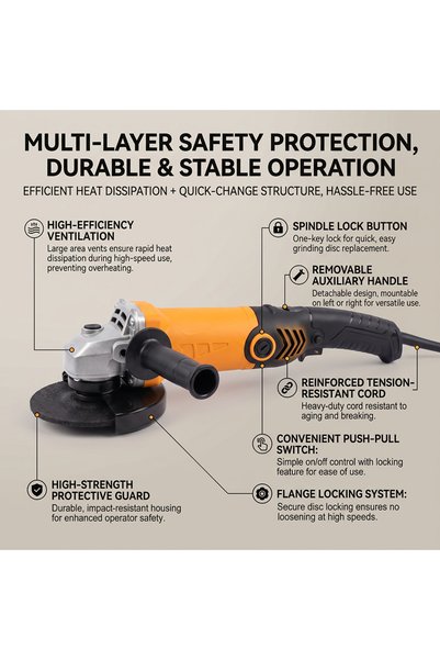 Generic Brand Long Handle 115mm Angle Grinder 900W Variable Speed UK Plug with 3 Accessories
