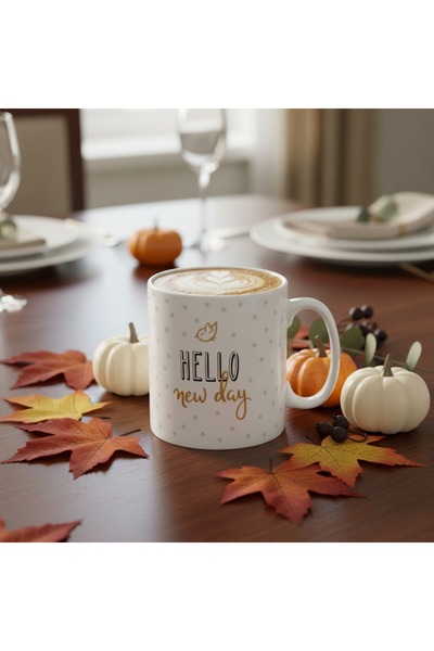 Ornament24 Cana cadou din portelan, Hello new day, alba, 500 ml