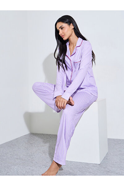 Styli Lilac Striped Contrast Trims Shirt and Wide Leg Pants Pyjama Set