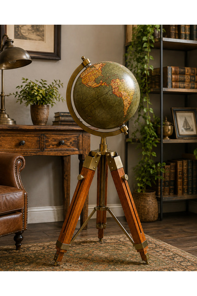 hediyeconcepti Ahşap Tripod Ayaklı Dekoratif Dünya Küre Gold Metal Detaylı Şı...