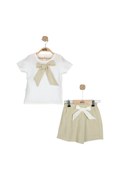 bebegen Girl's Ecru Green Bow Shorts 2-Piece Set