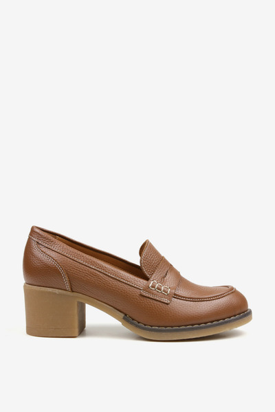 REBETA Deri Kadın Taba Topuklu Loafer Ayakkabı