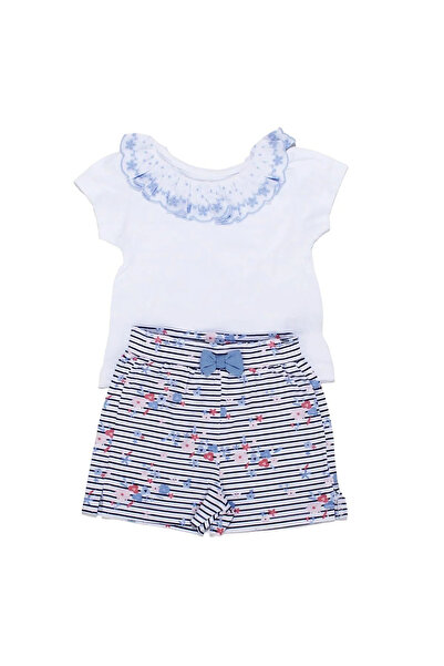 bebegen Baby Girl White Navy Floral Patterned Ruffled Collar Shorts Set of 2