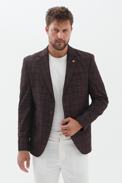 Frappoli Rocco Erkek Bordo Mono Yaka Ekoseli Slim Fit Poliviskon Kumaşlı Spor...